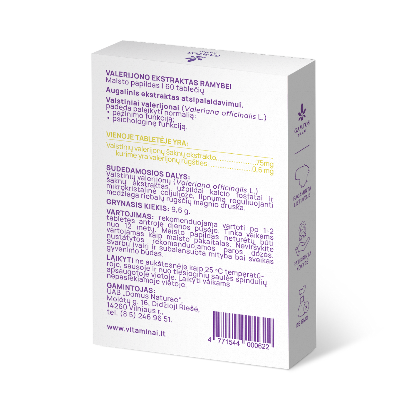 GAMTOS NAMAI, VALERIJONO EKSTRAKTAS RAMYBEI, 60 tablečių