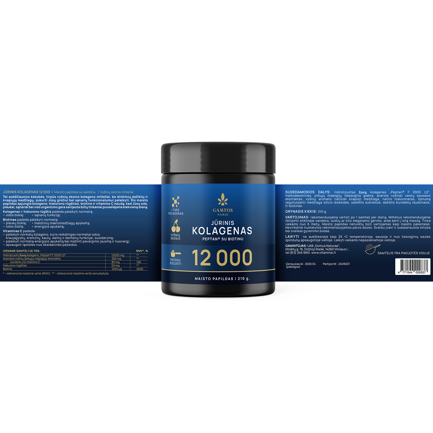 GAMTOS NAMAI, jūrinis kolagenas PEPTAN 12000, vyšnių skonio, 210 g