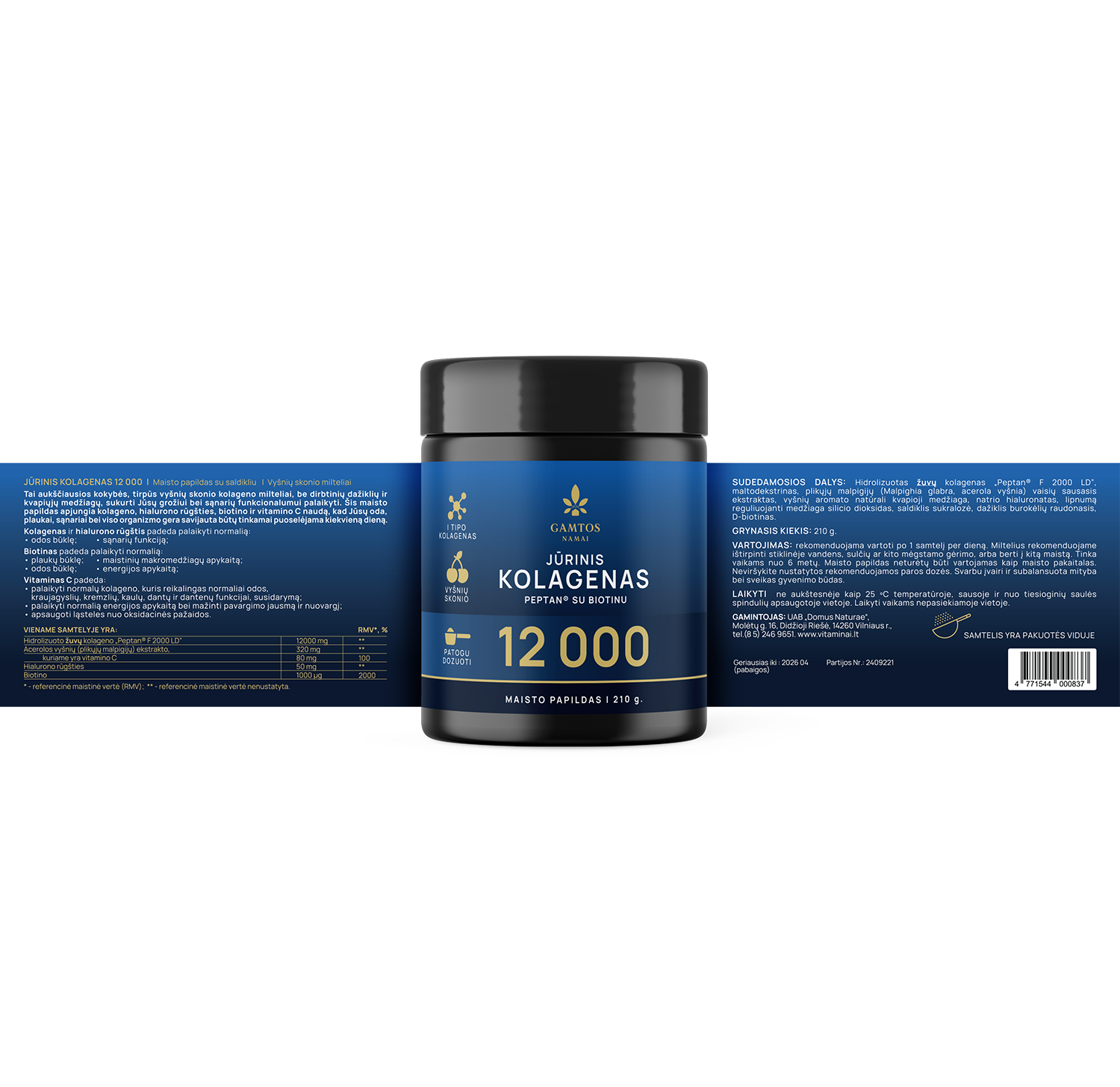 GAMTOS NAMAI, jūrinis kolagenas PEPTAN 12000, vyšnių skonio, 210 g