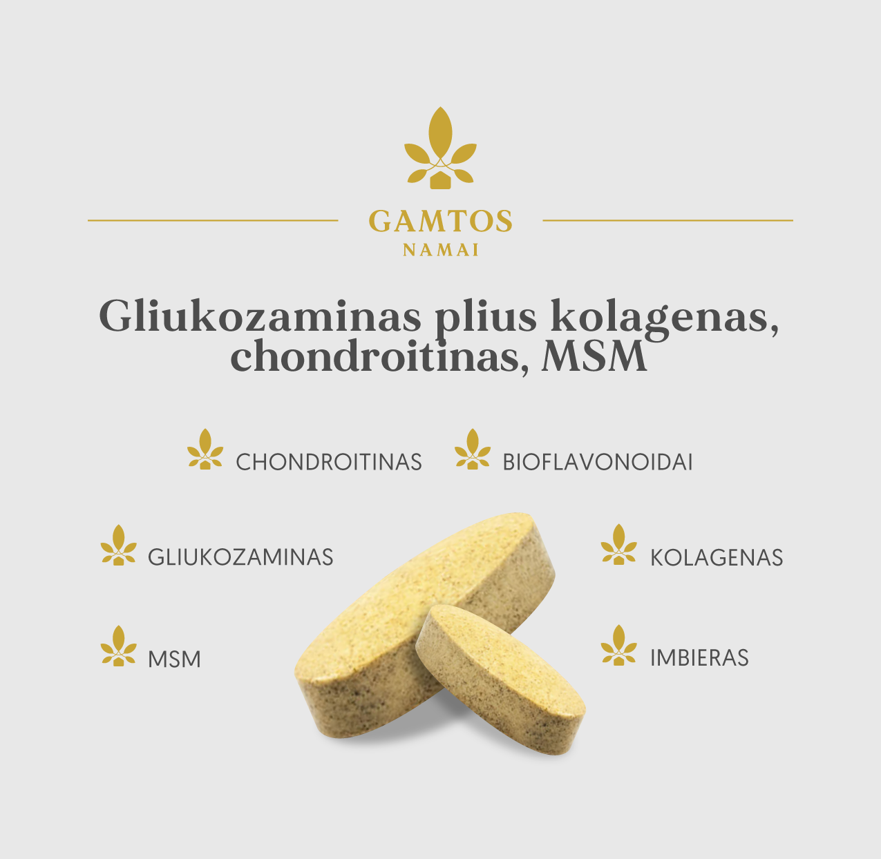 GAMTOS NAMAI, GLIUKOZAMINAS, KOLAGENAS, CHONDROITINAS, MSM, 60 tablečių