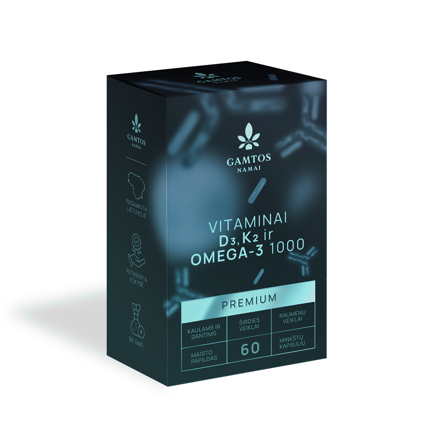 GAMTOS NAMAI, vitaminai D3, K2 + omega-3 1000 PREMIUM, 60 kapsulių