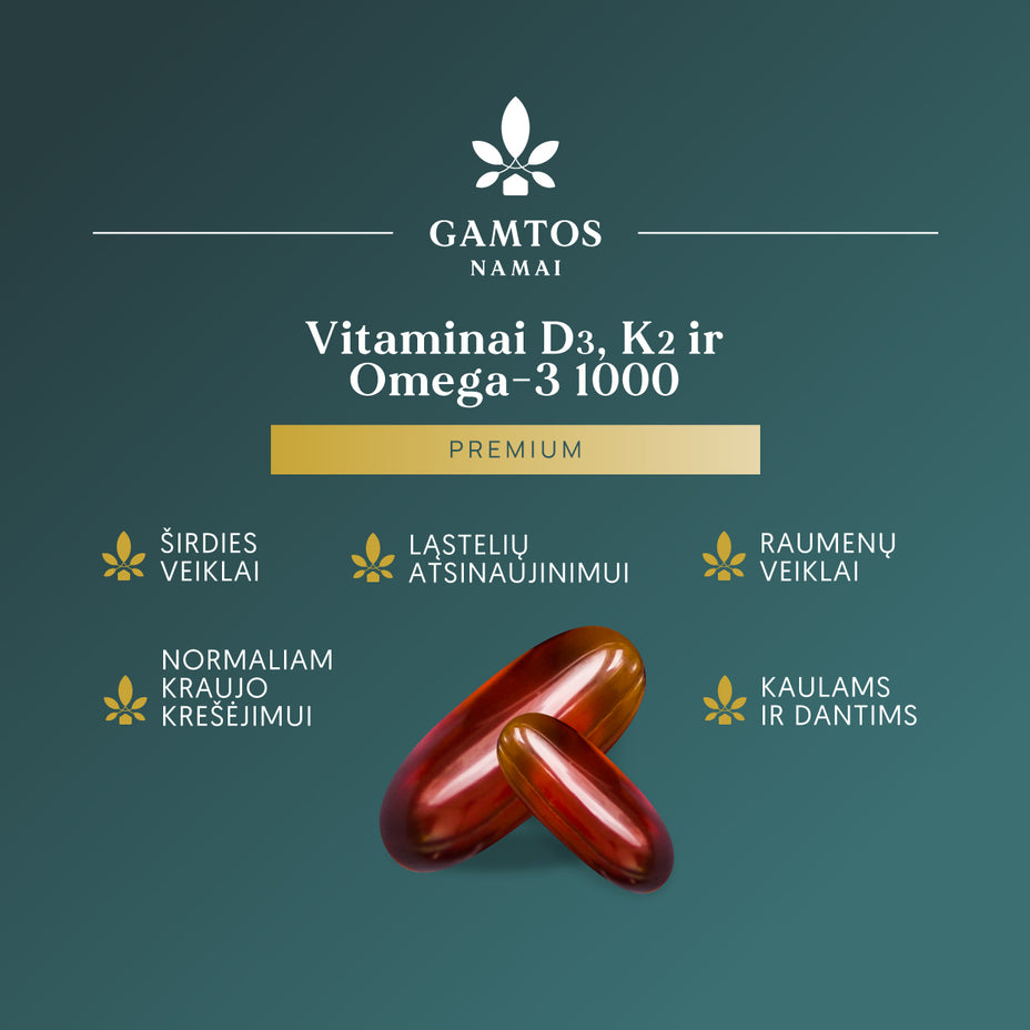 GAMTOS NAMAI, vitaminai D3, K2 + omega-3 1000 PREMIUM, 60 kapsulių