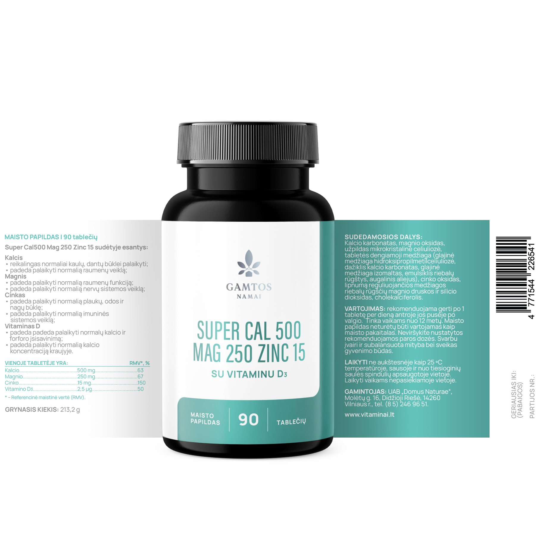 GAMTOS NAMAI, SUPER CAL500 MG 250 ZINC15 SU VITAMINU D3, 90 tablečių