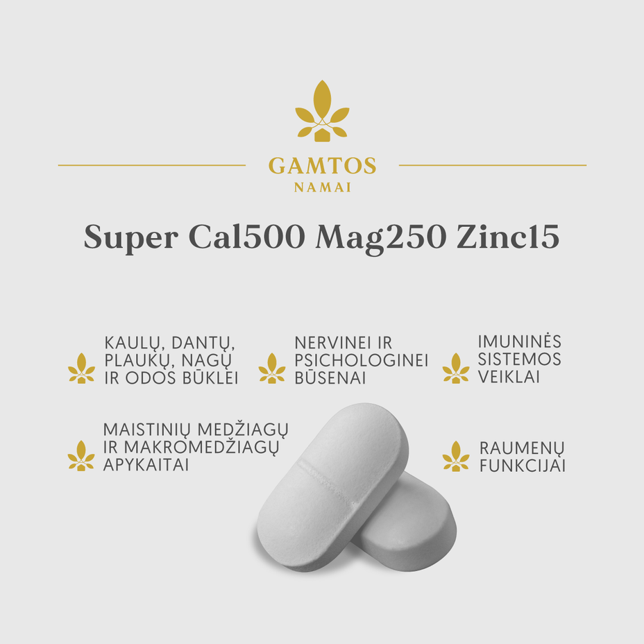 GAMTOS NAMAI, SUPER CAL500 MG 250 ZINC15 SU VITAMINU D3, 90 tablečių