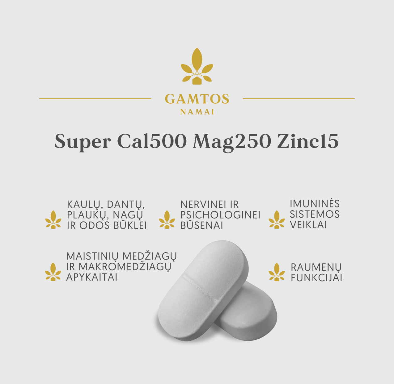 GAMTOS NAMAI, SUPER CAL500 MG 250 ZINC15 SU VITAMINU D3, 90 tablečių