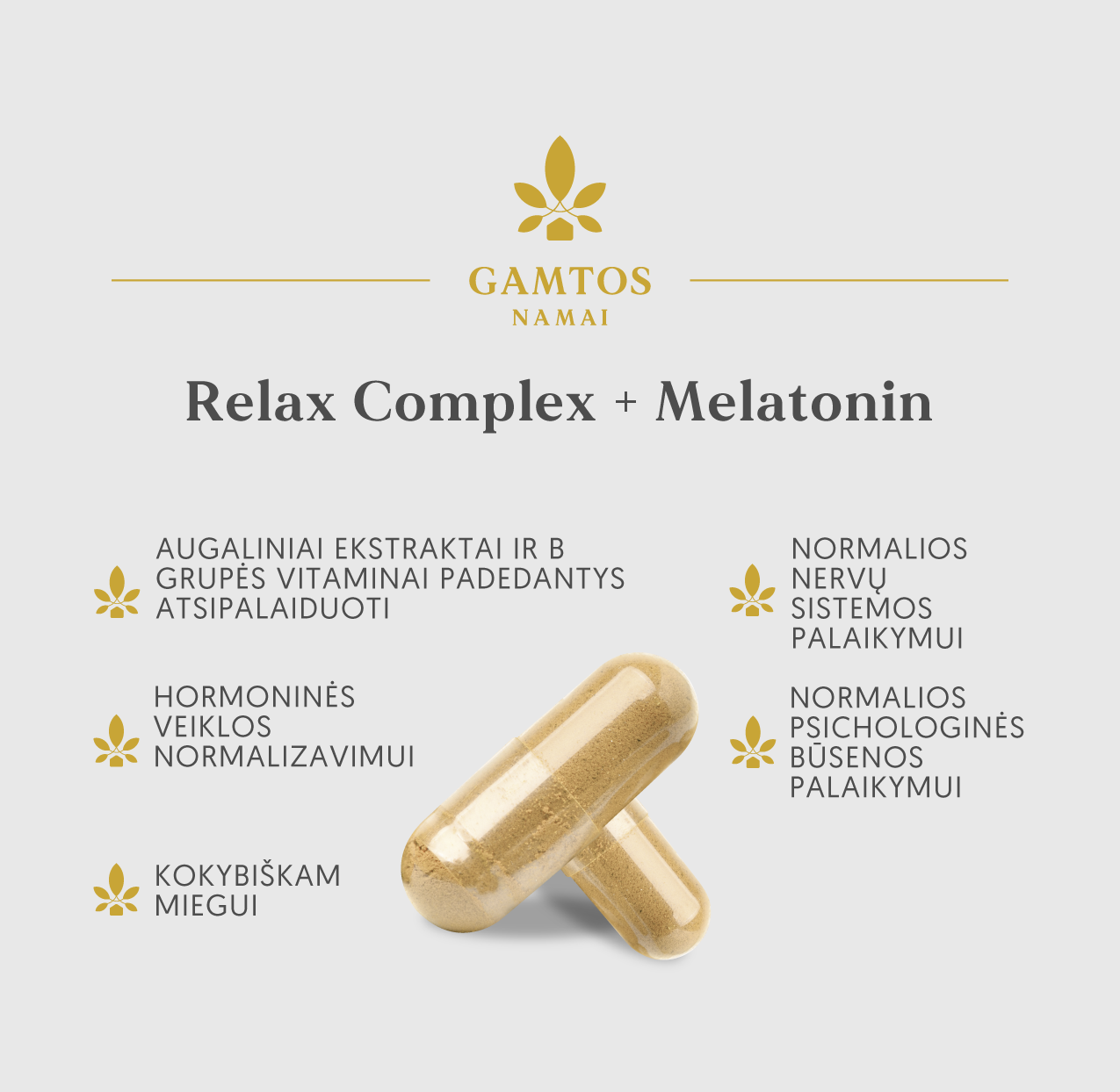 GAMTOS NAMAI, RELAX COMPLEX + MELATONIN, 90 kietųjų kapsulių