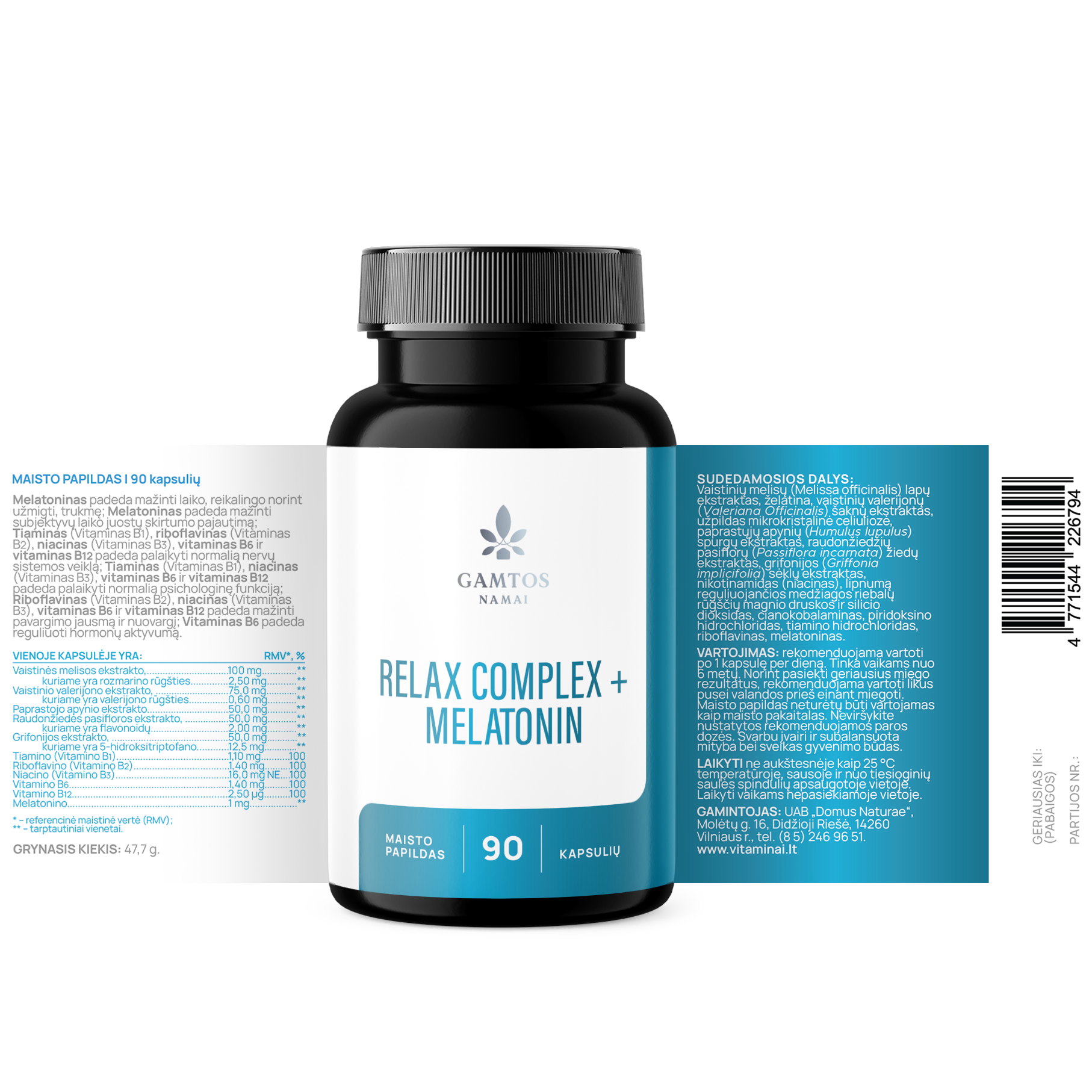 GAMTOS NAMAI, RELAX COMPLEX + MELATONIN, 90 kietųjų kapsulių