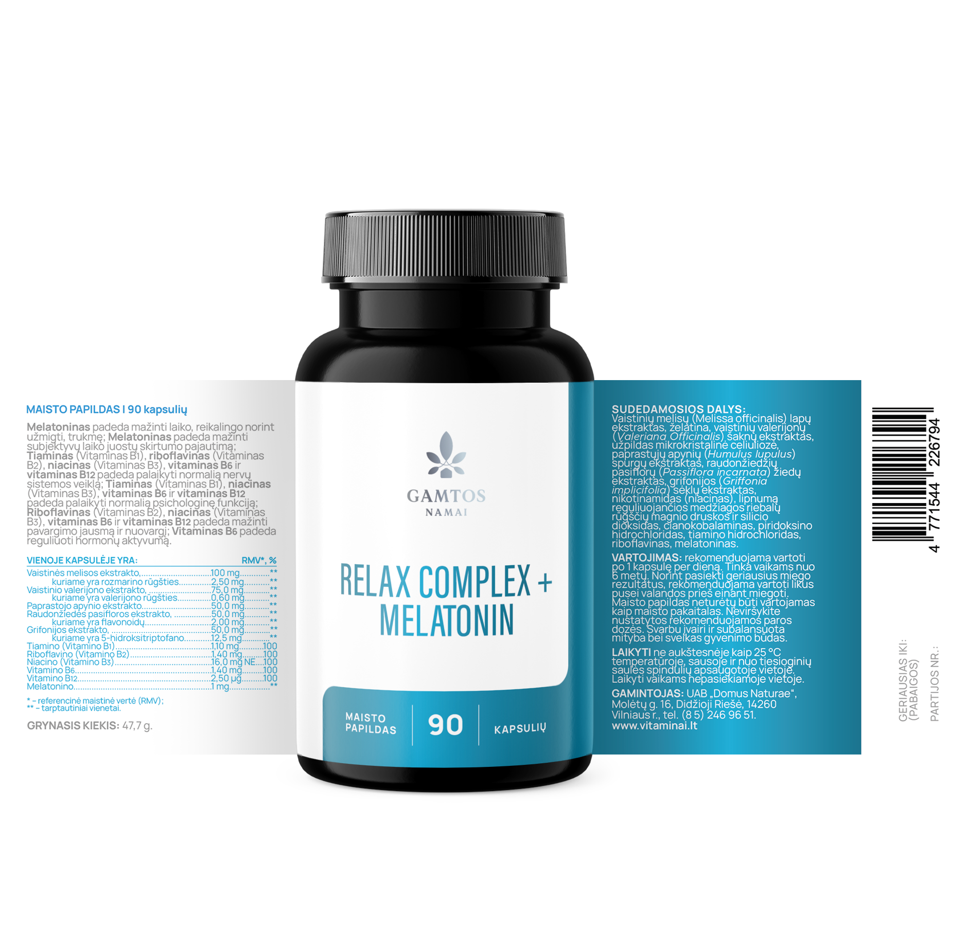 GAMTOS NAMAI, RELAX COMPLEX + MELATONIN, 90 kietųjų kapsulių