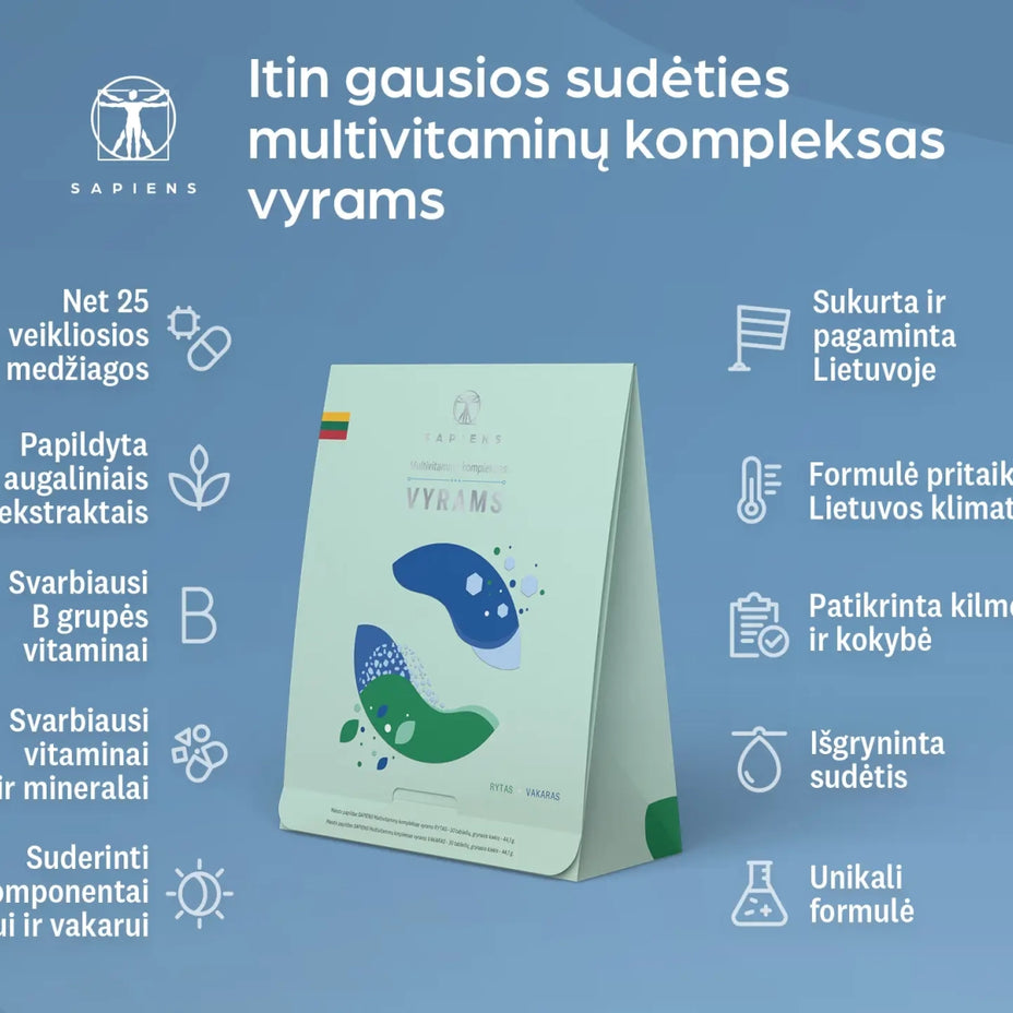SAPIENS, multivitaminų kompleksas vyrams (Rytas + Vakaras), 60 tablečių