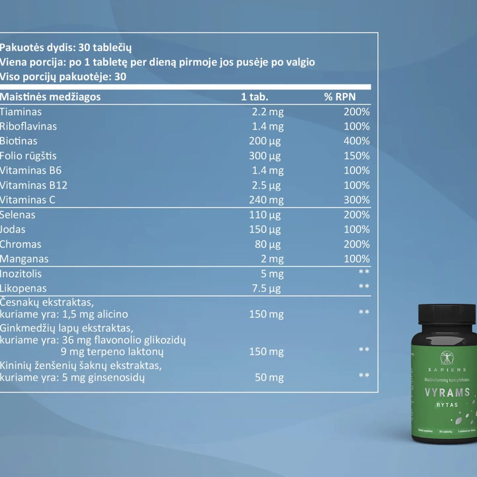 SAPIENS, multivitaminų kompleksas vyrams (Rytas + Vakaras), 60 tablečių