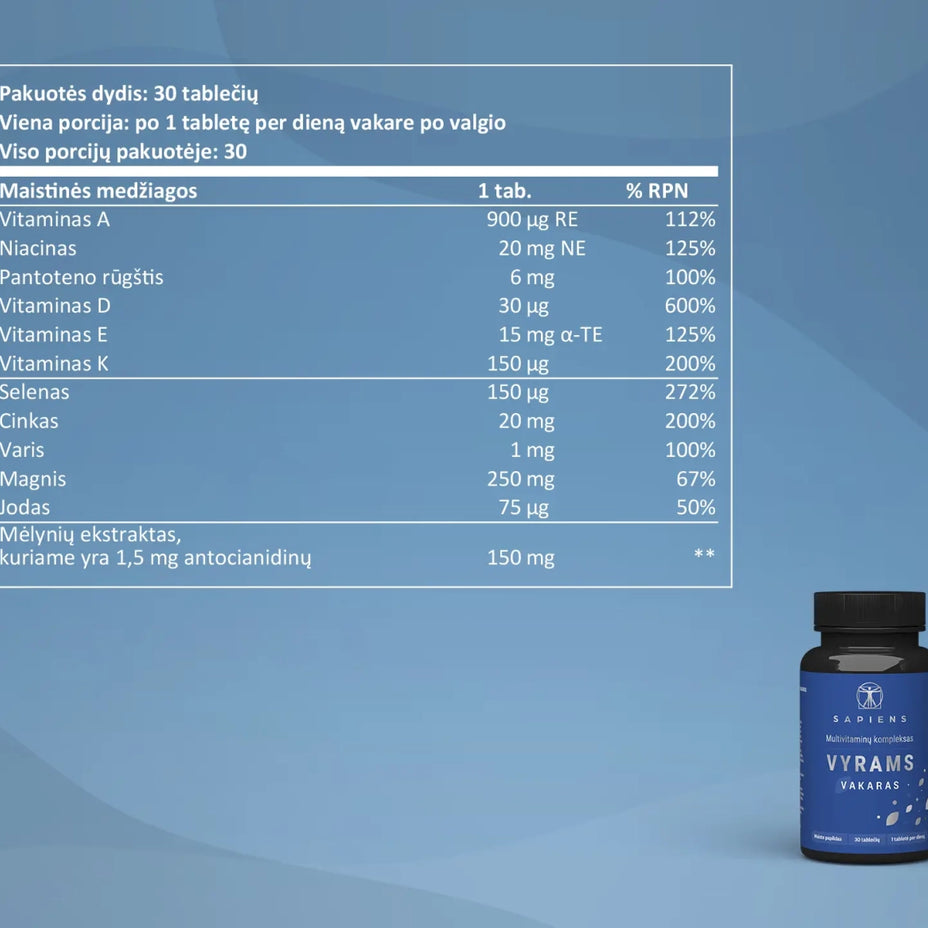 SAPIENS, multivitaminų kompleksas vyrams (Rytas + Vakaras), 60 tablečių