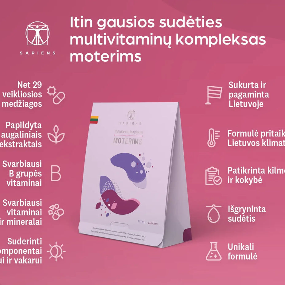 SAPIENS, multivitaminų kompleksas moterims (Rytas + Vakaras), 60 tablečių