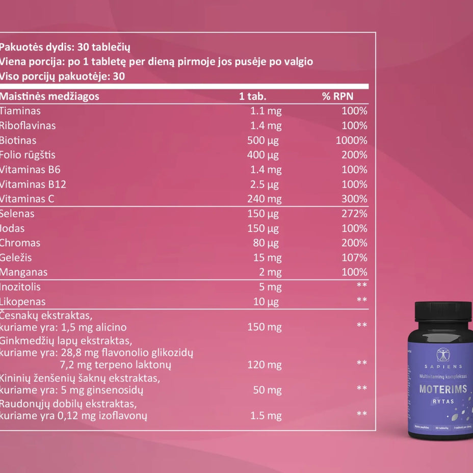 SAPIENS, multivitaminų kompleksas moterims (Rytas + Vakaras), 60 tablečių