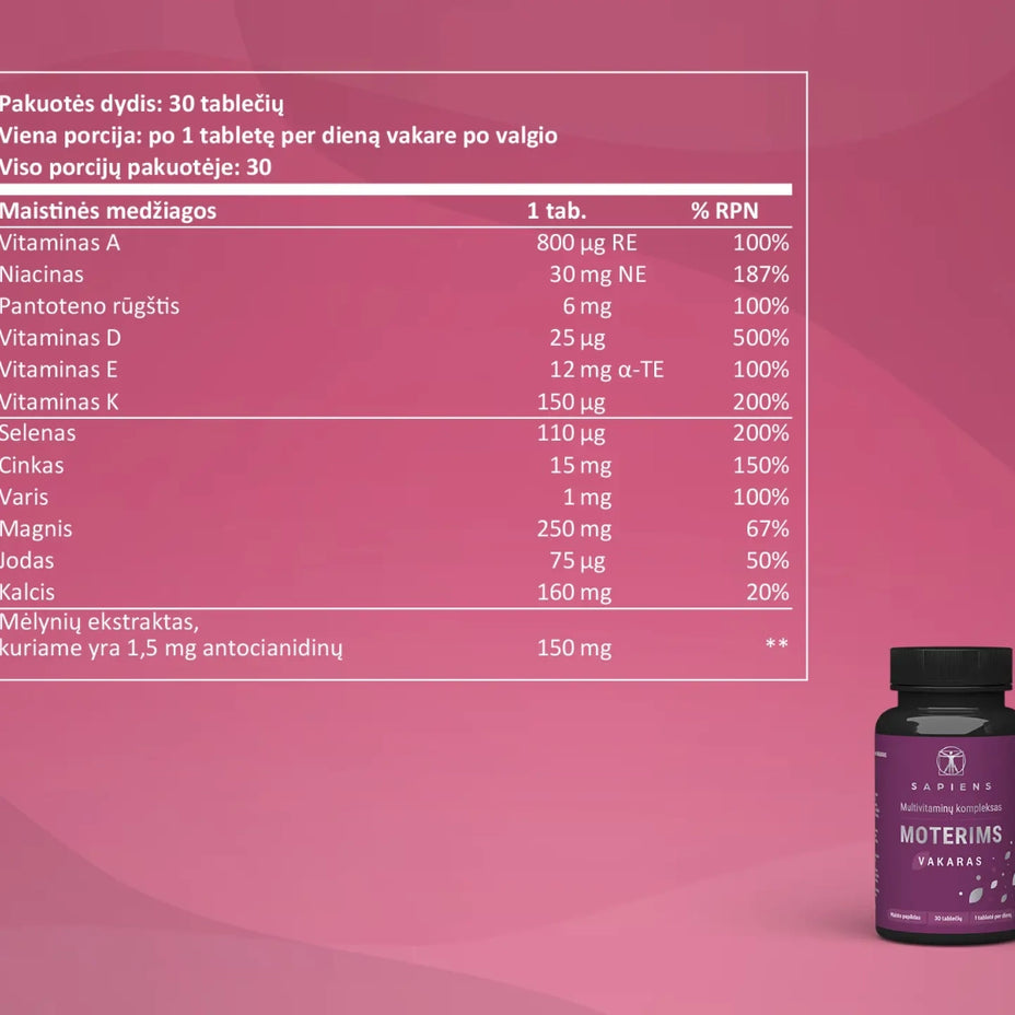 SAPIENS, multivitaminų kompleksas moterims (Rytas + Vakaras), 60 tablečių