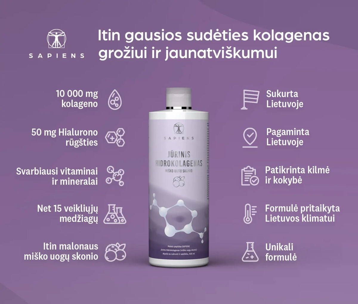 SAPIENS jūrinis hidrokolagenas su hialuronu, miško uogų skonio, 500 ml