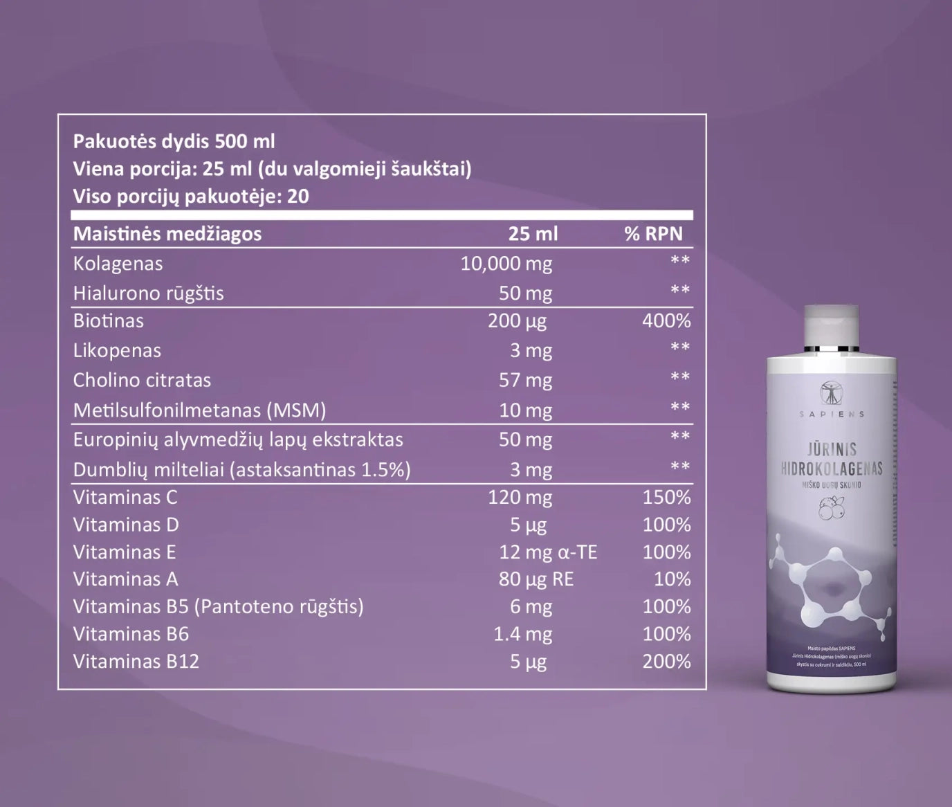 SAPIENS jūrinis hidrokolagenas su hialuronu, miško uogų skonio, 500 ml