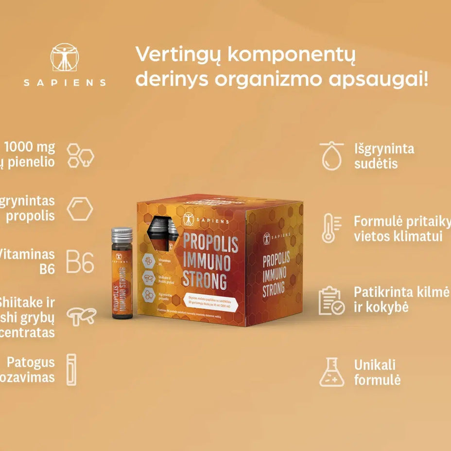 SAPIENS, maisto papildas, PROPOLIS IMMUNO STRONG shots, 20 geriamųjų dozių po 10 ml