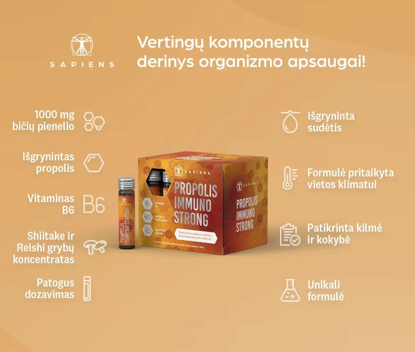 SAPIENS, maisto papildas, PROPOLIS IMMUNO STRONG shots, 20 geriamųjų dozių po 10 ml