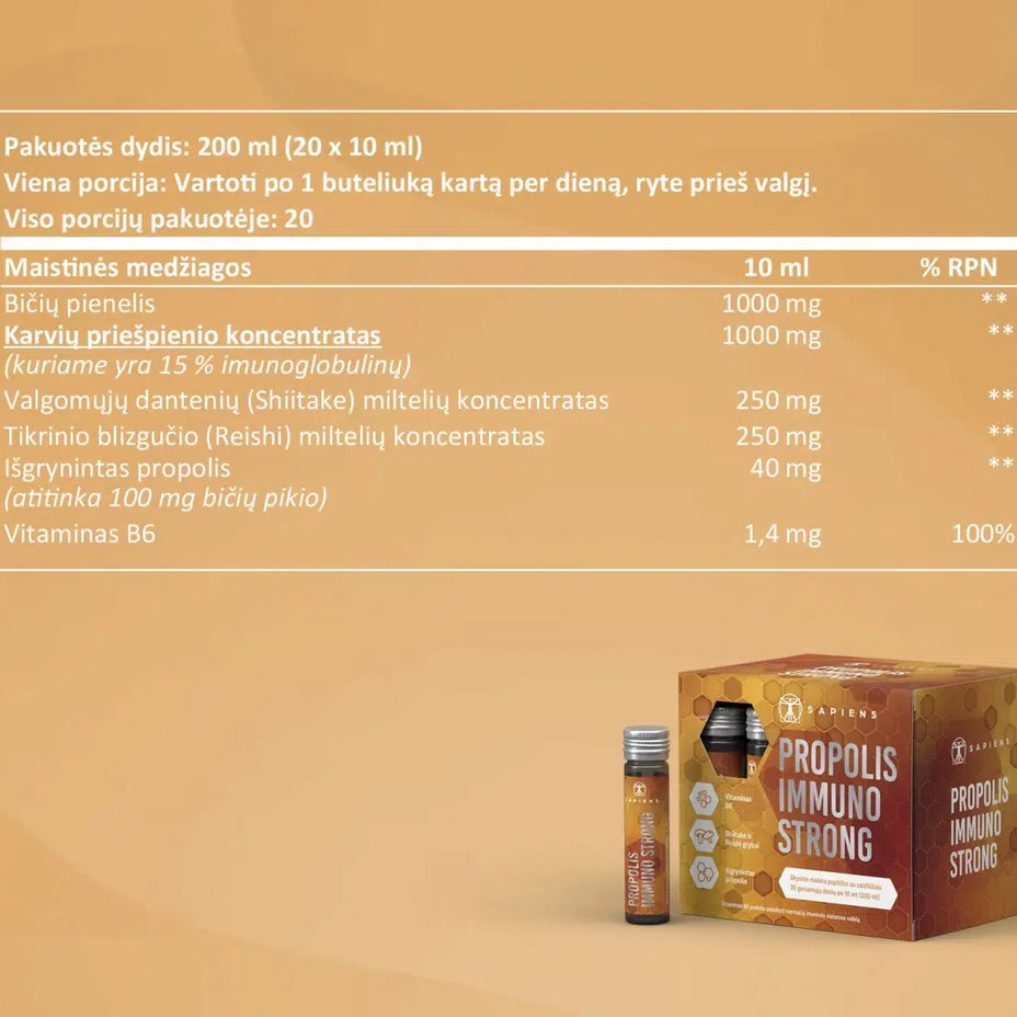 SAPIENS, maisto papildas, PROPOLIS IMMUNO STRONG shots, 20 geriamųjų dozių po 10 ml