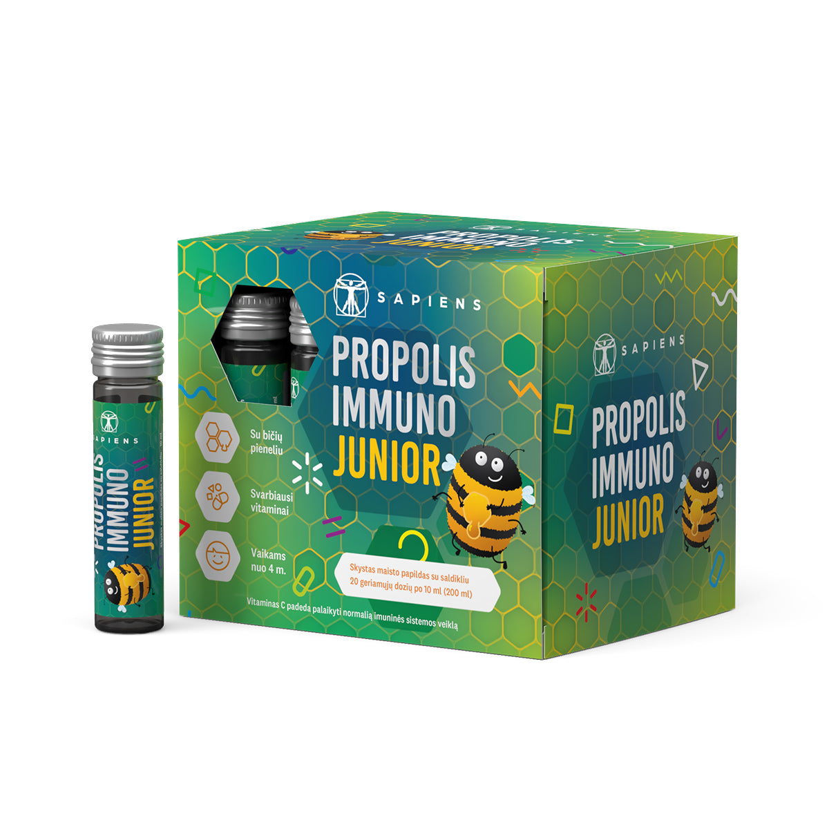 SAPIENS, maisto papildas PROPOLIS  IMMUNO  JUNIOR shots, 20 geriamųjų dozių po 10 ml