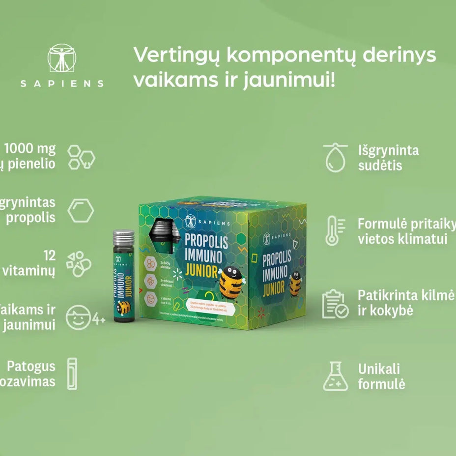 SAPIENS, maisto papildas PROPOLIS  IMMUNO  JUNIOR shots, 20 geriamųjų dozių po 10 ml