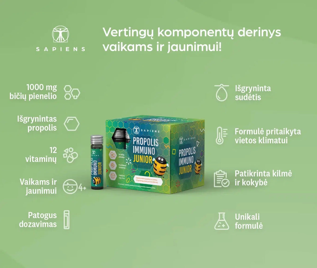 SAPIENS, maisto papildas PROPOLIS  IMMUNO  JUNIOR shots, 20 geriamųjų dozių po 10 ml