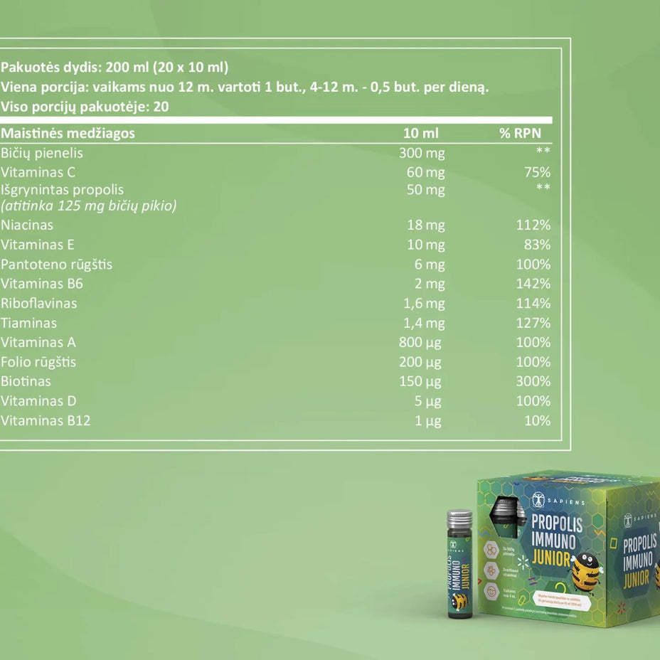 SAPIENS, maisto papildas PROPOLIS  IMMUNO  JUNIOR shots, 20 geriamųjų dozių po 10 ml