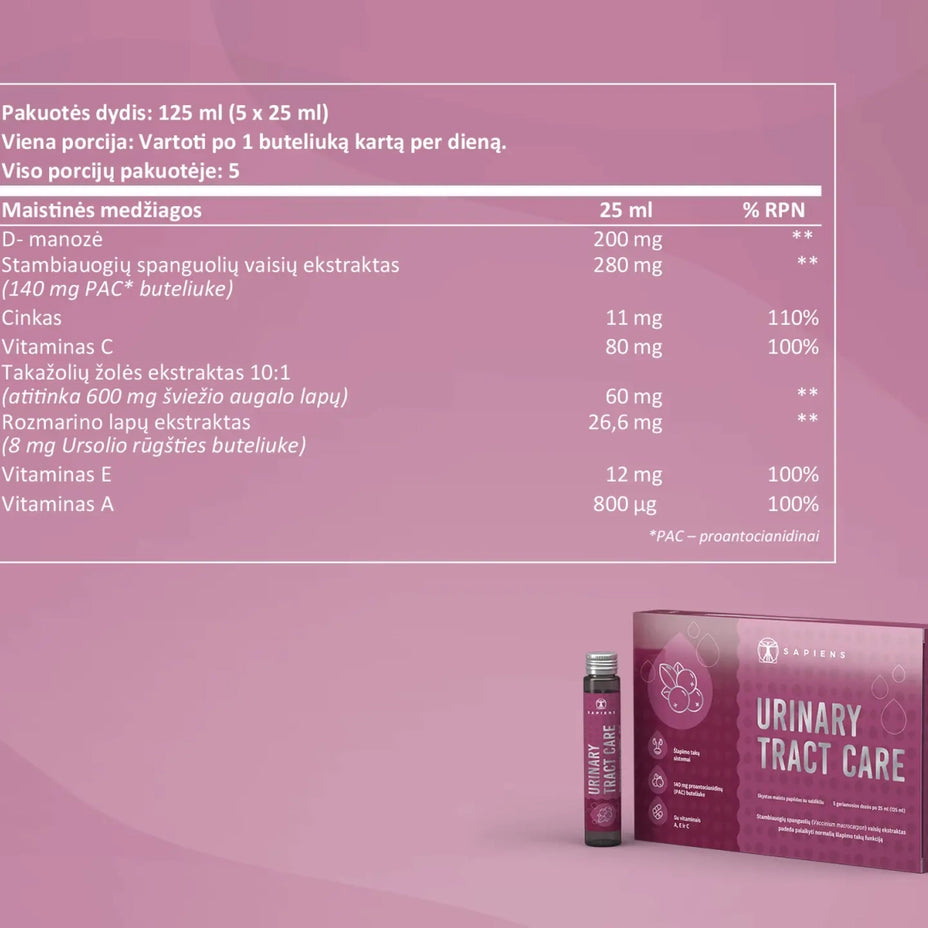 SAPIENS maisto papildas Urinary Tract Care, 5 geriamosios dozės po 25 ml