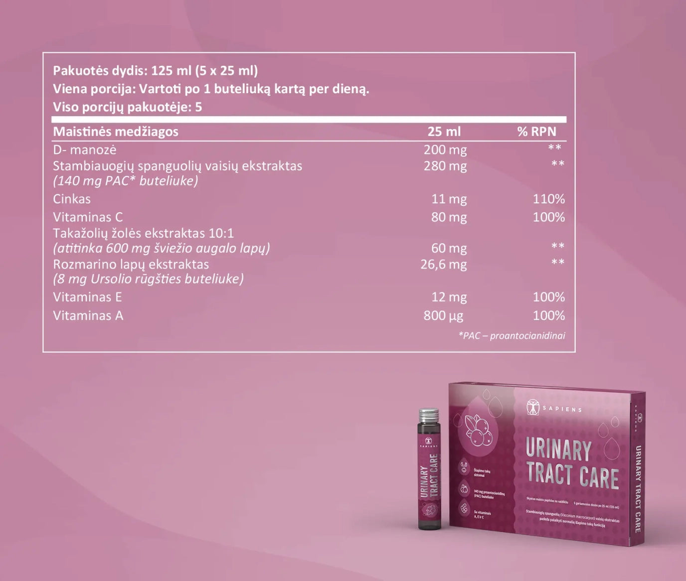 SAPIENS maisto papildas Urinary Tract Care, 5 geriamosios dozės po 25 ml