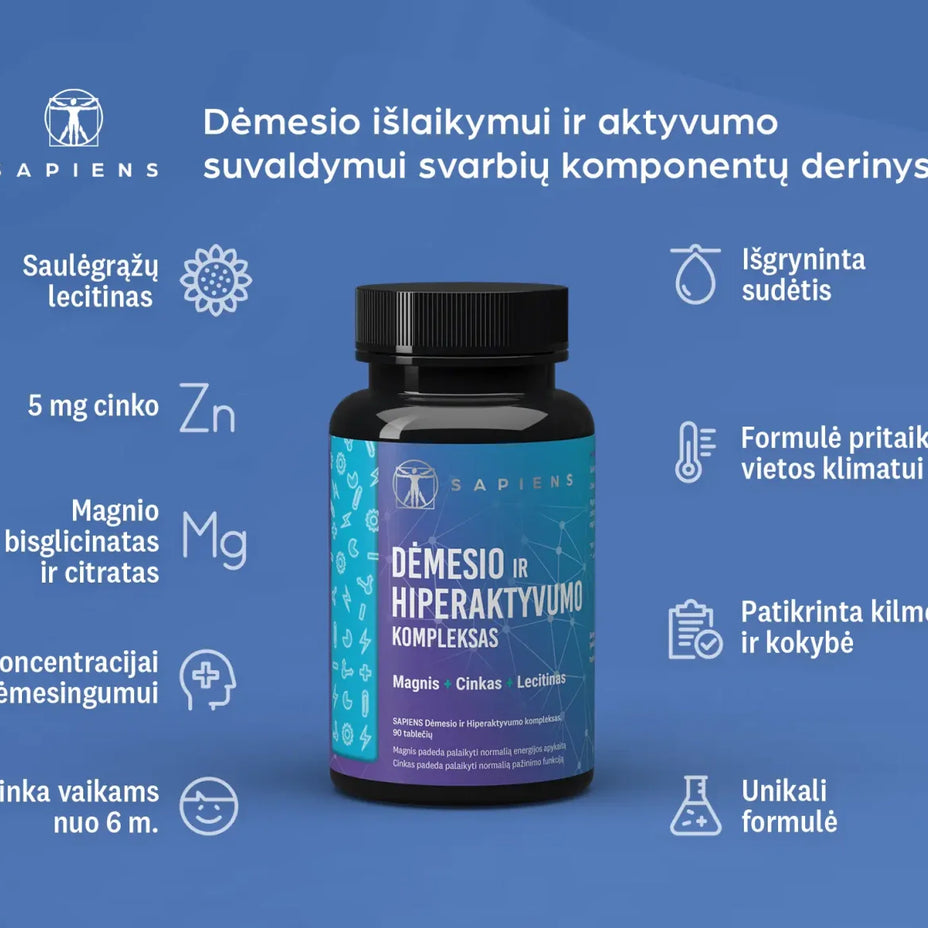 SAPIENS, dėmesio ir hiperaktyvumo maisto papildų kompleksas, 90 tablečių