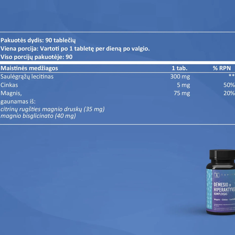 SAPIENS, dėmesio ir hiperaktyvumo maisto papildų kompleksas, 90 tablečių