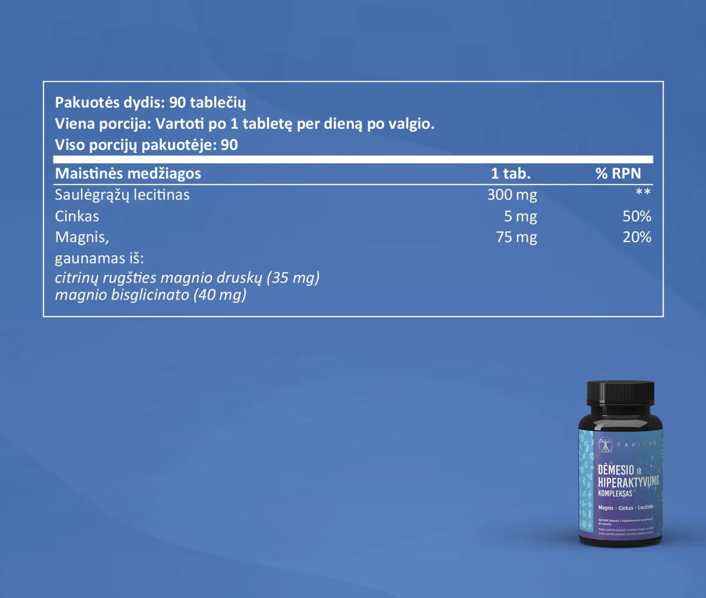 SAPIENS, dėmesio ir hiperaktyvumo maisto papildų kompleksas, 90 tablečių