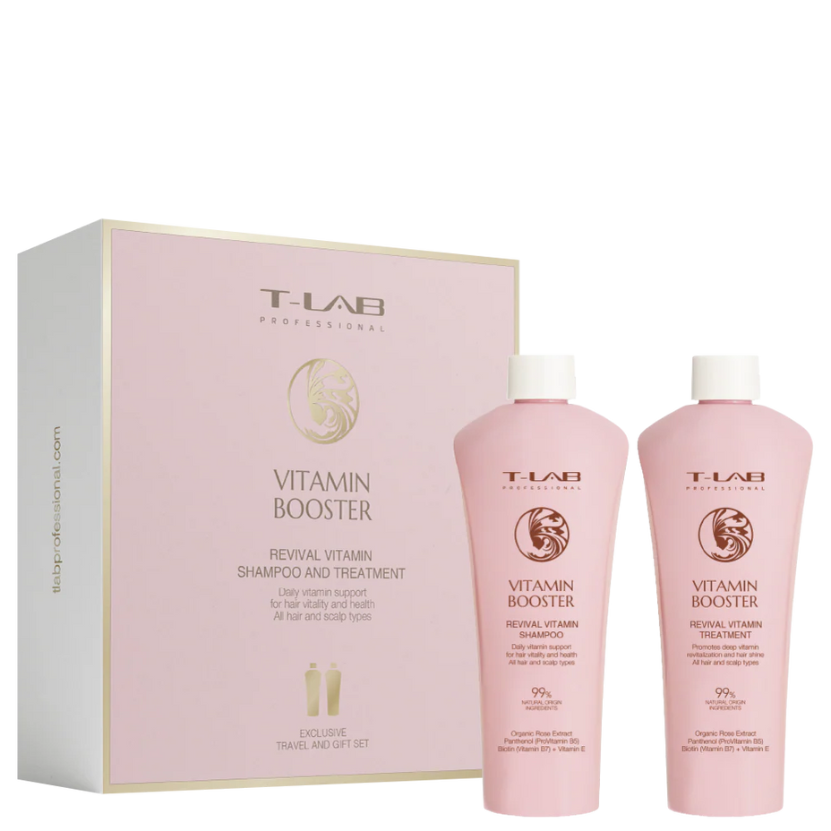 T-LAB Professional VITAMIN BOOSTER, atgaivinantis vitaminų šampūno ir kondicionieriausi kelioninis rinkinys, 100ml + 100ml