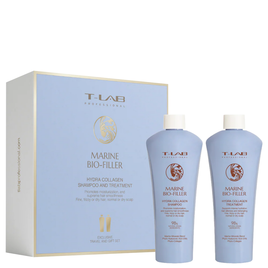 T-LAB Professional Marine Bio-Filler Hydra Collagen Shampoo šampūno ir kondicionieriaus kelioninis rinkinys 100ml+100ml