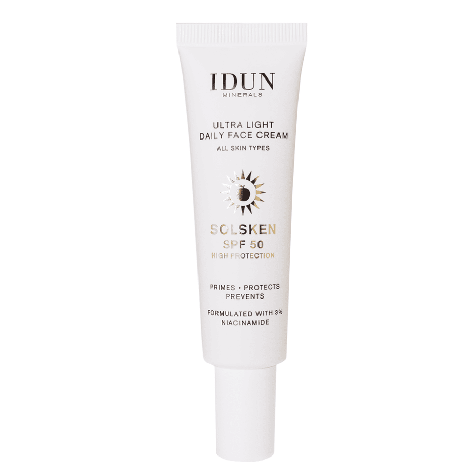 IDUN Minerals ypač lengvas dieninis veido kremas su niacinamidu, visų tipų odai, SPF 50, 30 ml (makiažo bazė)