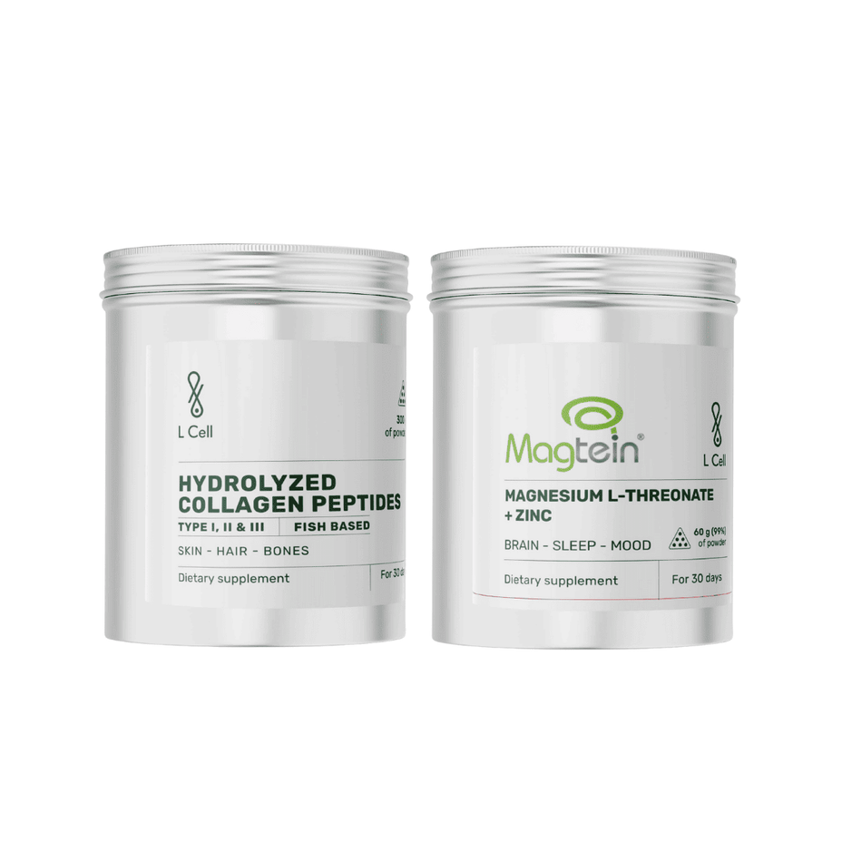 L Cell rinkinys (L Cell Hidrolizuoti kolageno peptidai (jūriniai), milteliai, 300 g + L Cell Magnio L-Treonatas, milteliai, 60 g)