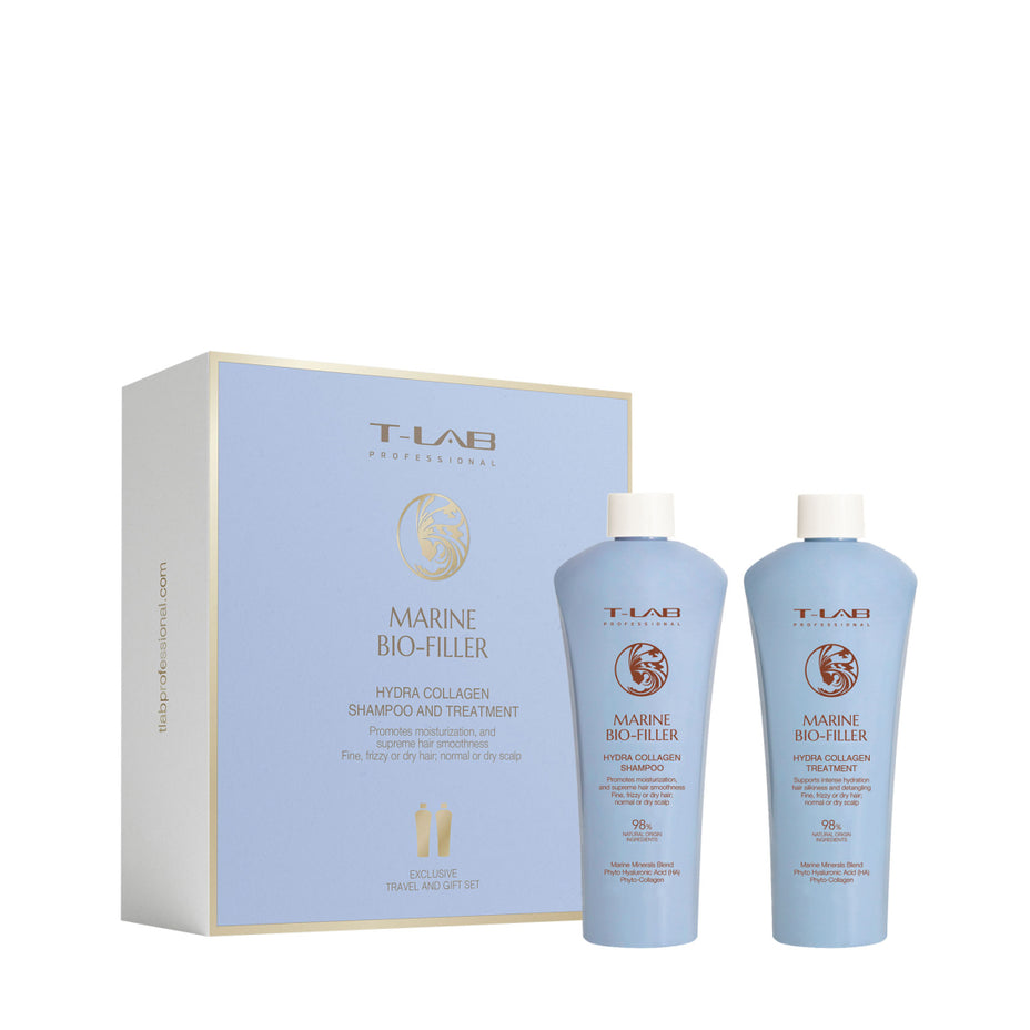 T-LAB Professional Marine Bio-Filler Hydra Collagen Shampoo šampūno ir kondicionieriaus kelioninis rinkinys 100ml+100ml