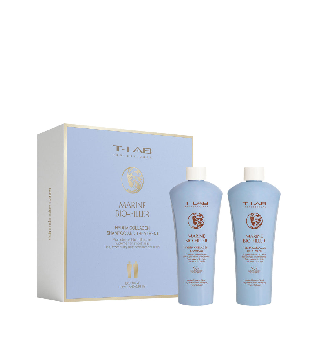 T-LAB Professional Marine Bio-Filler Hydra Collagen Shampoo šampūno ir kondicionieriaus kelioninis rinkinys 100ml+100ml