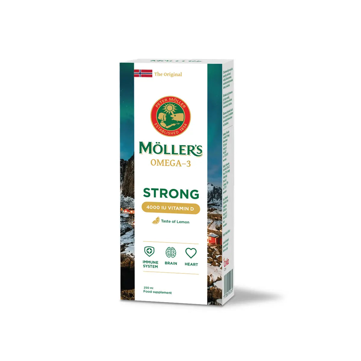 MOLLER'S STRONG VITAMIN D žuvų taukai, citrinų skonio, 250 ml