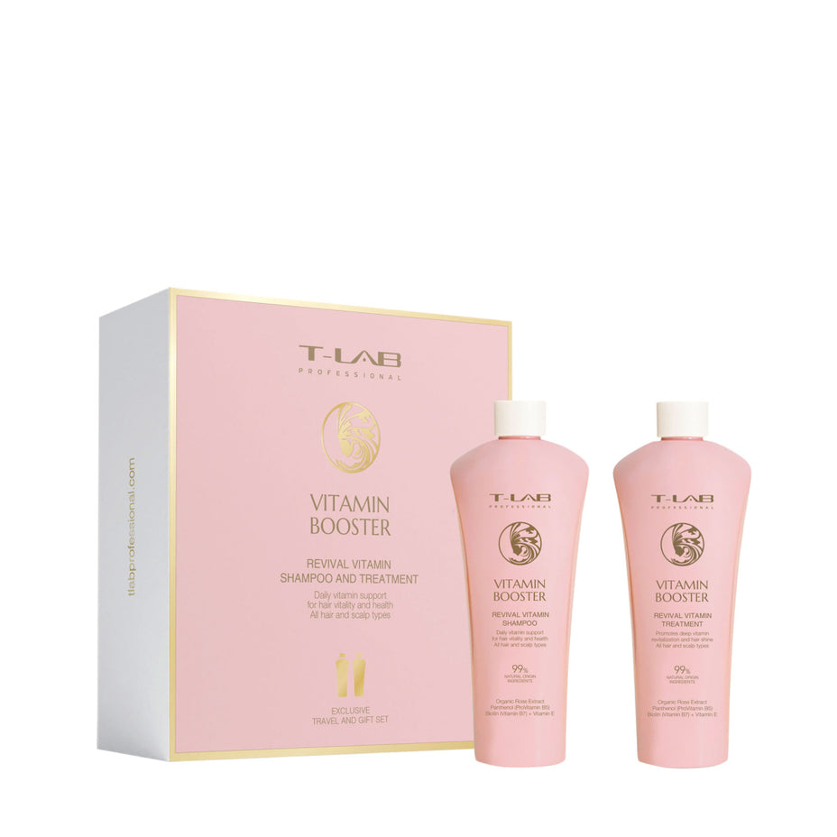 T-LAB Professional VITAMIN BOOSTER, atgaivinantis vitaminų šampūno ir kondicionieriausi kelioninis rinkinys, 100ml + 100ml