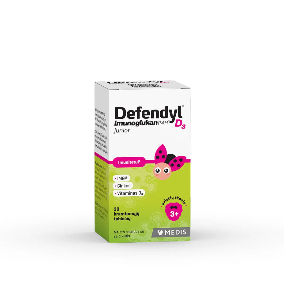 DEFENDYL-IMUNOGLUKAN P4H D3 JUNIOR, aviečių skonio, 30 kramtomųjų tablečių