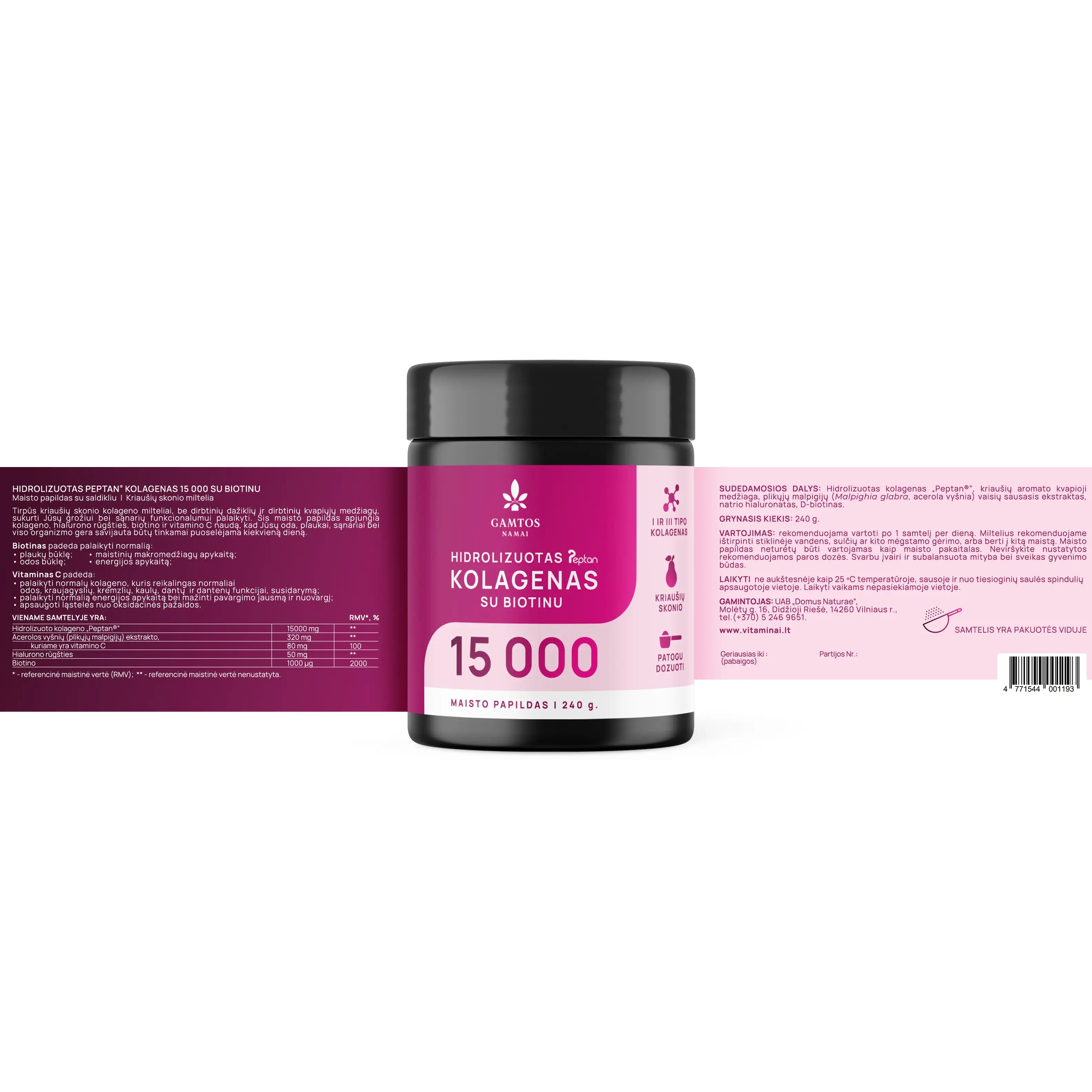 GAMTOS NAMAI, HIDROLIZUOTAS KOLAGENAS PEPTAN® 15 000  SU BIOTINU , kriaušių skonio,260 gr.