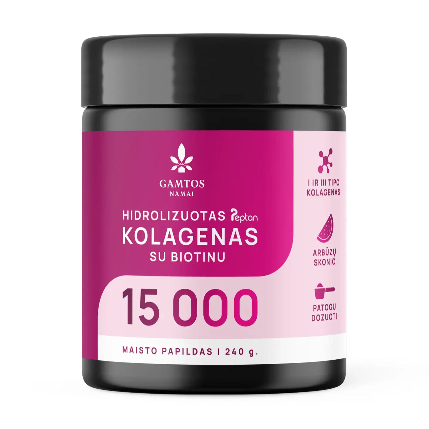 GAMTOS NAMAI, HIDROLIZUOTAS KOLAGENAS  PEPTAN® 15 000 SU BIOTINU, arbūzų skonio, 260 gr.