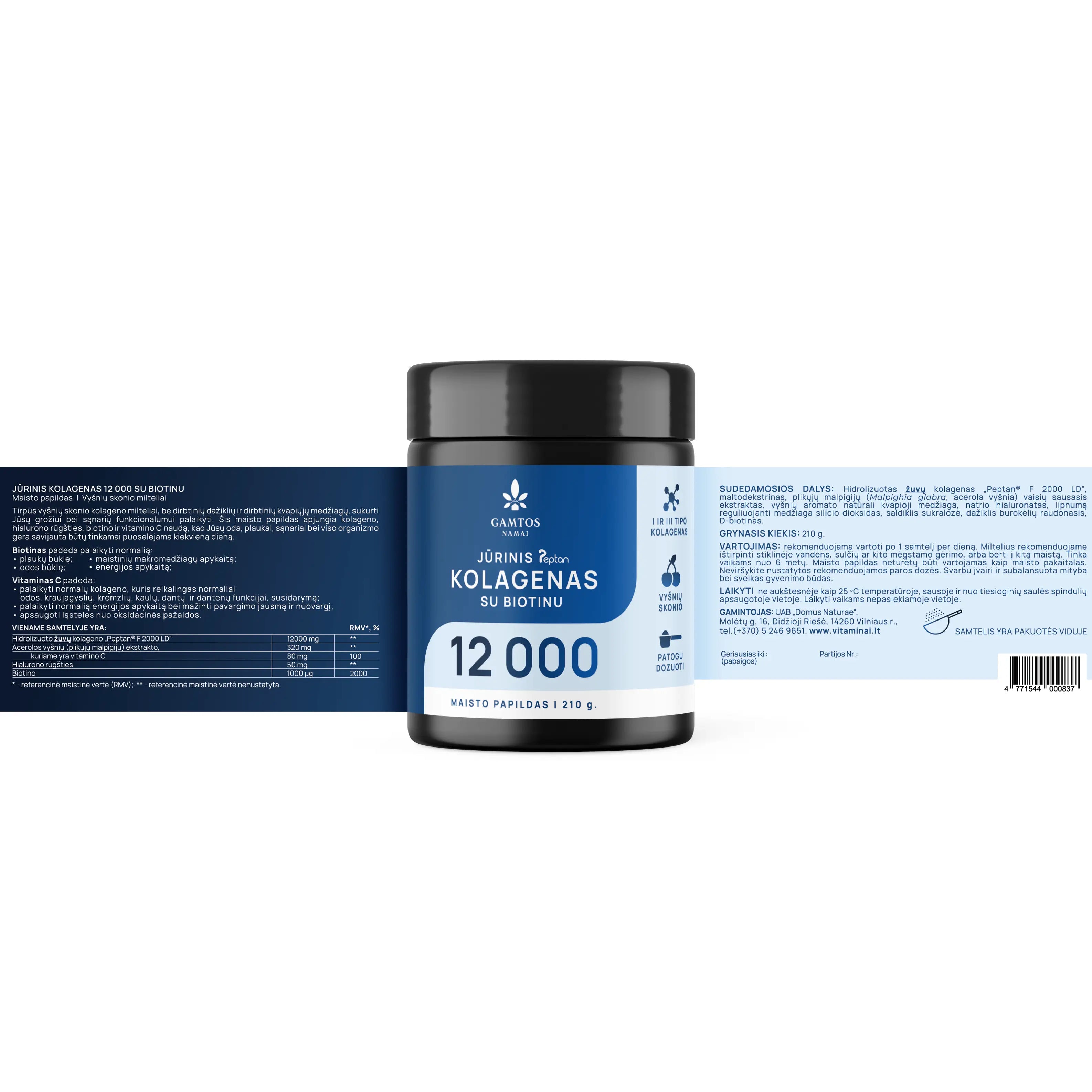 GAMTOS NAMAI, jūrinis kolagenas PEPTAN® 12000 SU BIOTINU , vyšnių skonio, 210 g