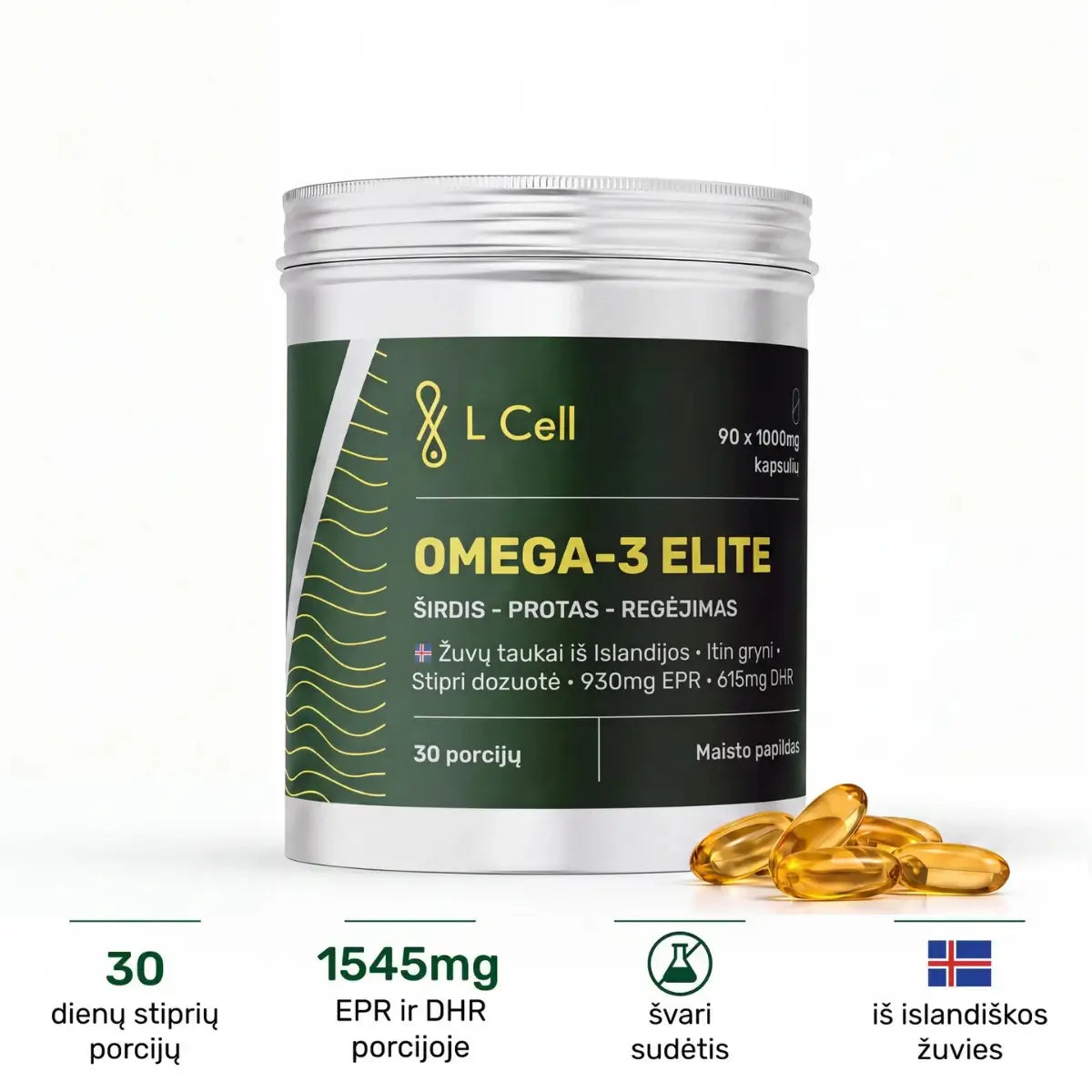 L Cell Omega 3 Elite žuvų taukai 1000mg, 90 kapsulių