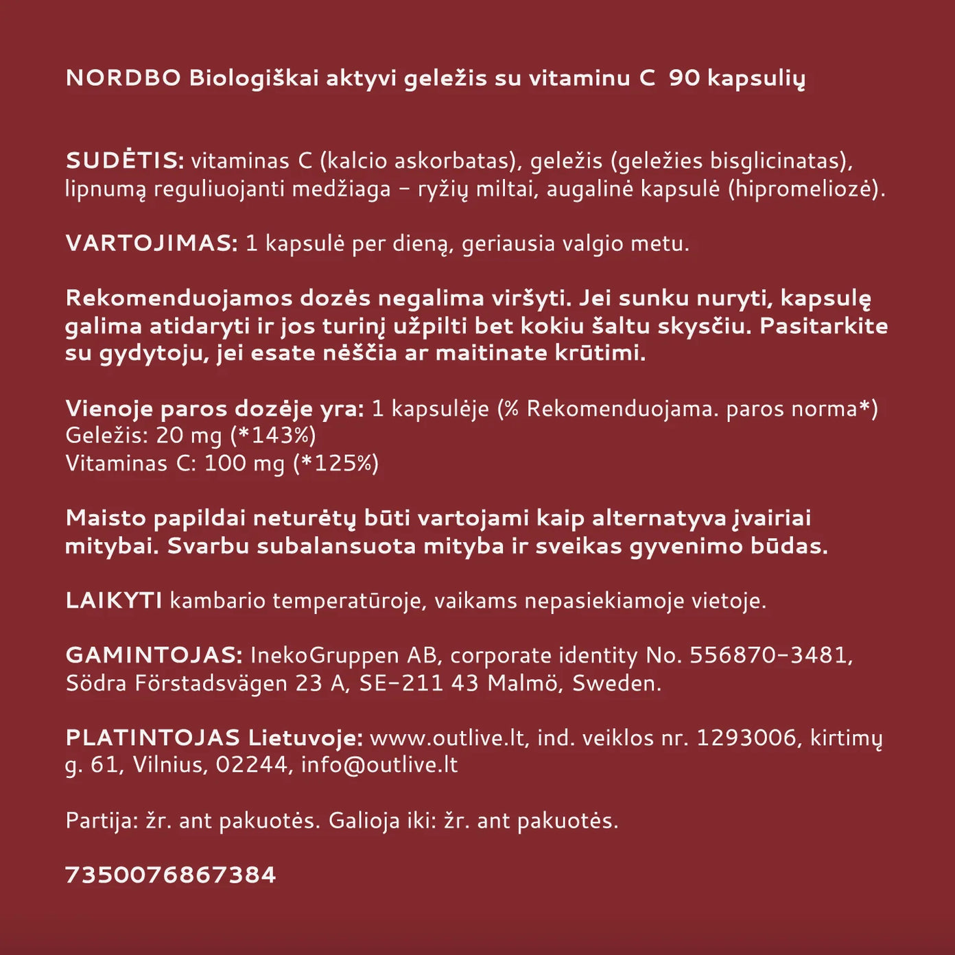 NORDBO biologiškai aktyvi geležis (bisglicinatas) su vitaminu C,  90 kaps.