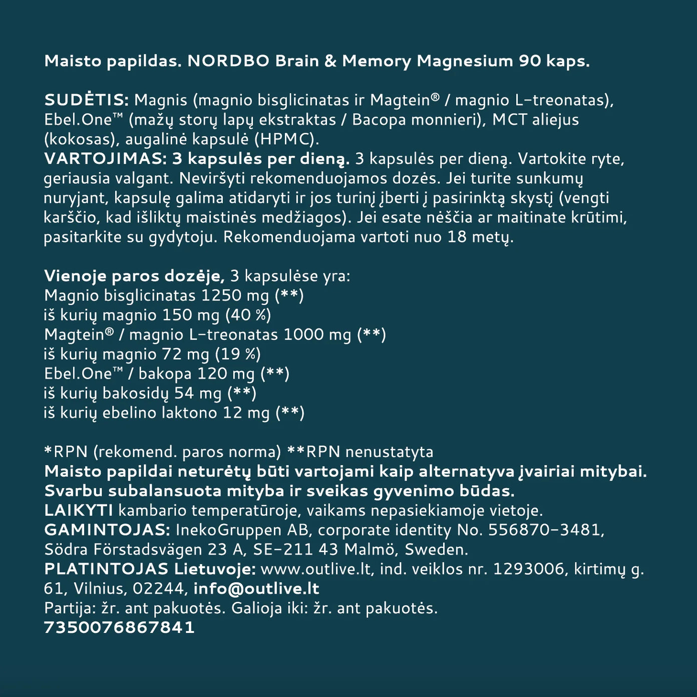 NORDBO Brain & Memory Magnesium Magtein® magnis,  90  kapsulių