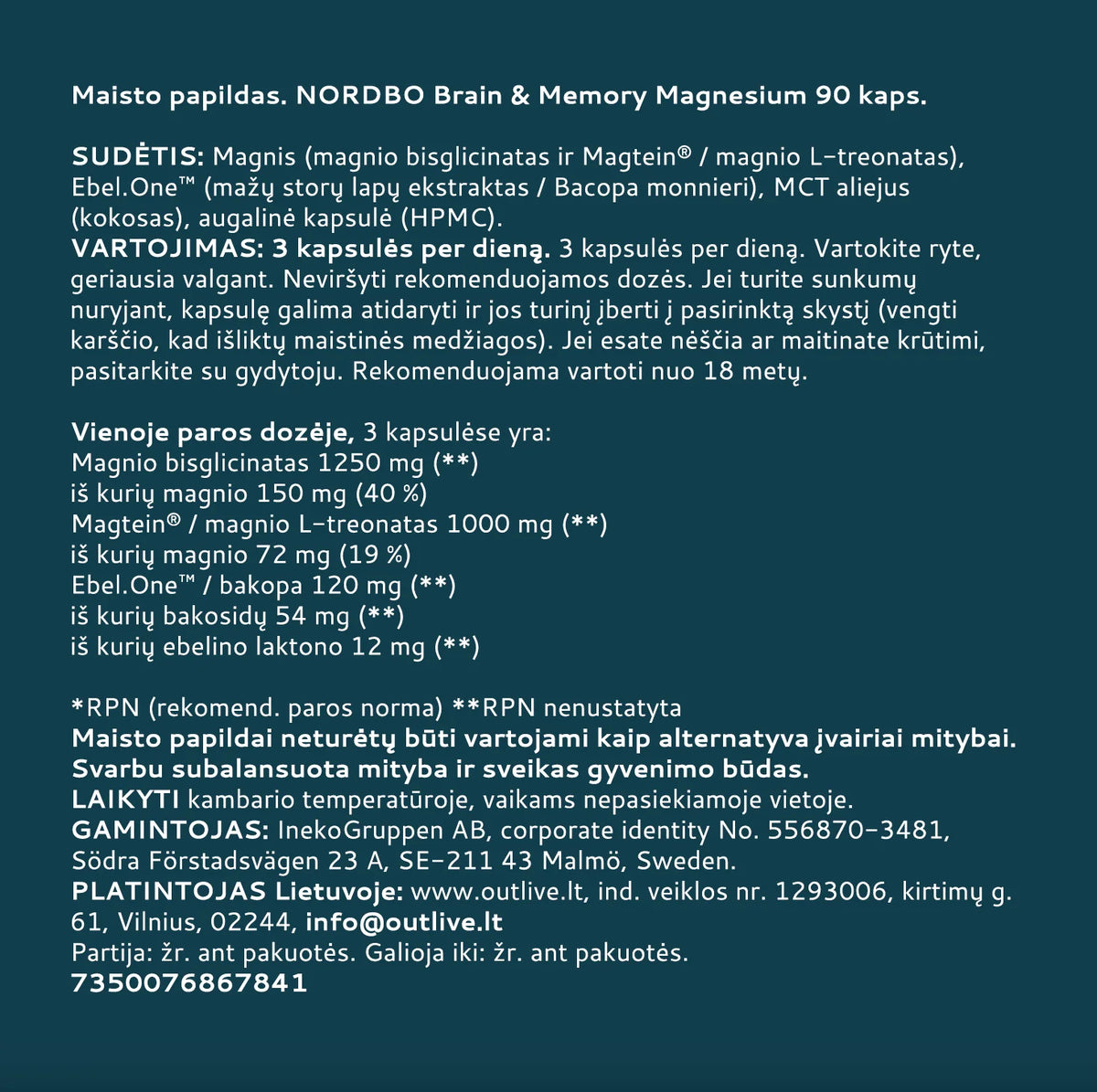 NORDBO Brain & Memory Magnesium Magtein® magnis,  90  kapsulių
