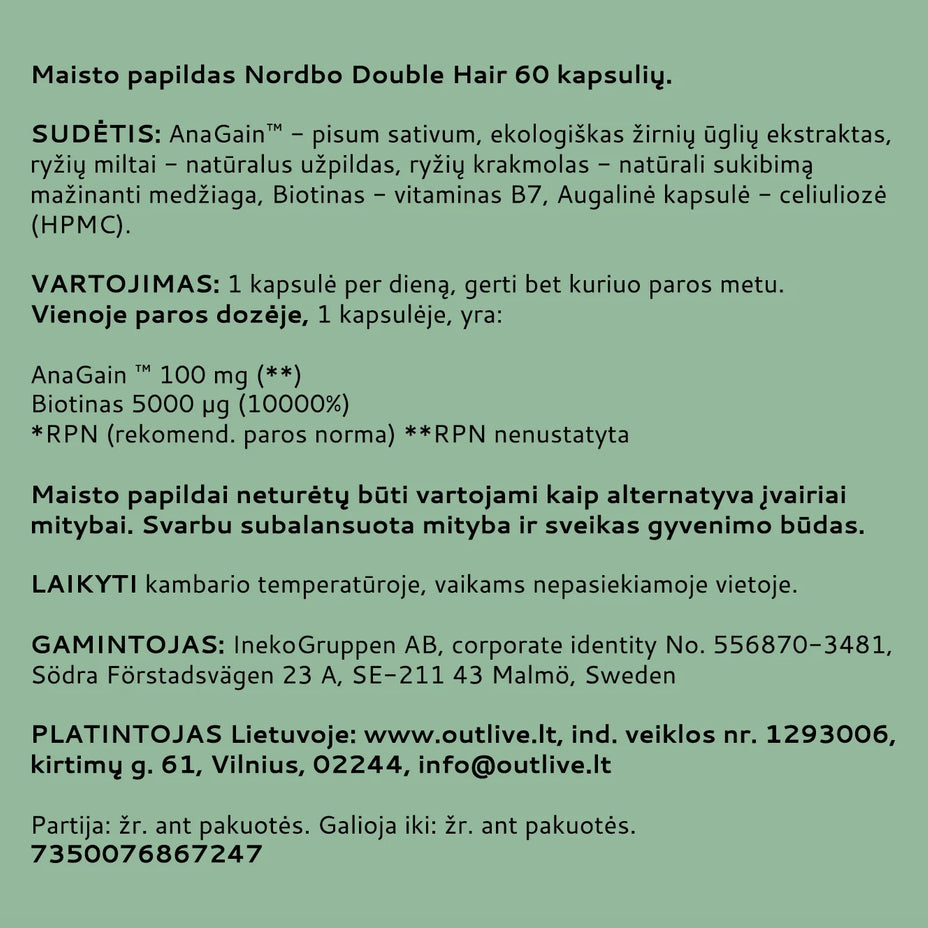 NORDBO Double Hair plaukų augimui su AnaGain™ ir biotinu, 60 kapsulių