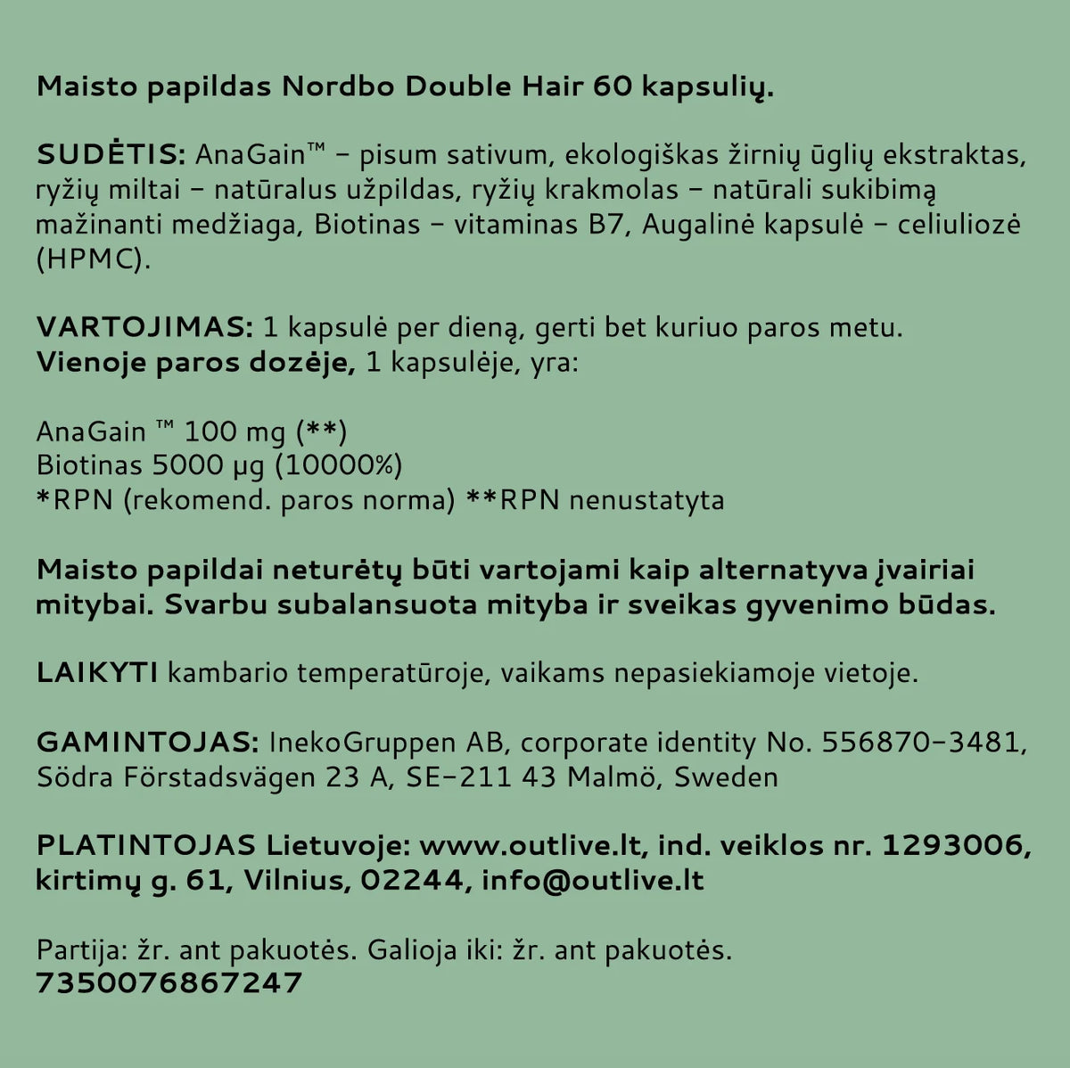 NORDBO Double Hair plaukų augimui su AnaGain™ ir biotinu, 60 kapsulių